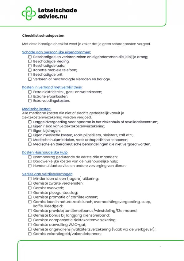 Voorbeeldpagina van de checklist schadeposten uit Mijn Letselschadeplan