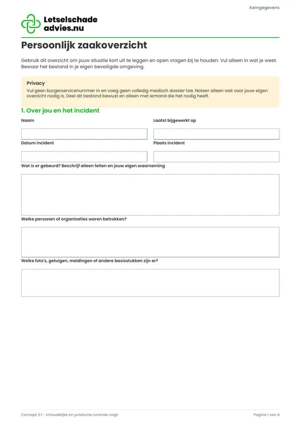 Voorbeeldpagina van het persoonlijke zaakoverzicht uit Mijn Letselschadeplan